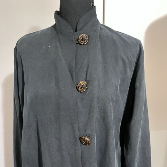 Hamilton Kennedy 100% silk caftan muumuu black kimono-style cut character button - Picture 2 of 5